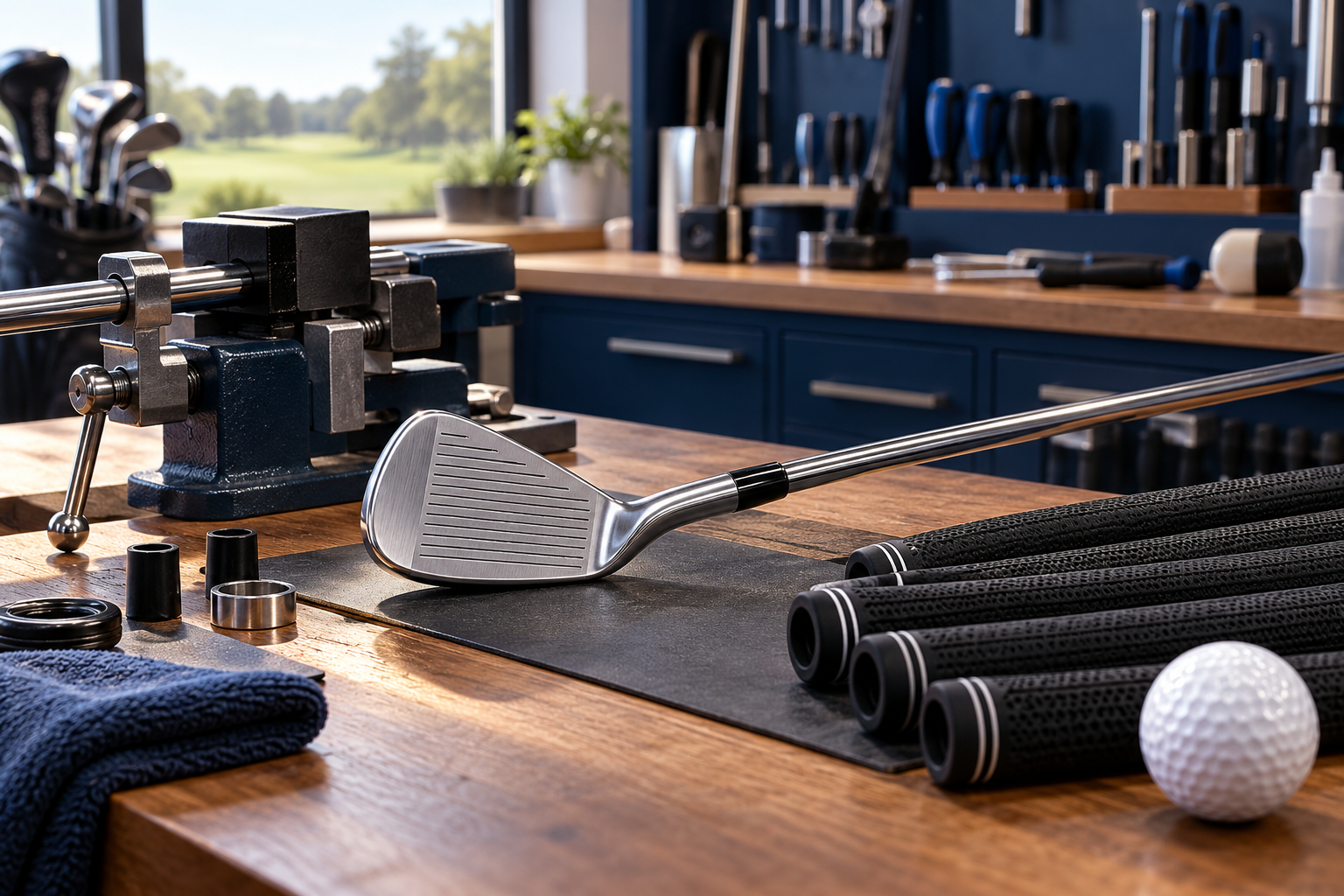 Original editorial illustration of golf club repair bench and grips